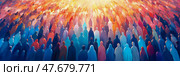Impressionistic Multitude: Spectral Figures Marching Towards a Glowing Horizon of Hope, a Journey of Unity, Strength, and Shared Destiny. Стоковое AI-изображение, AI-художник Данила Большаков / Фотобанк Лори