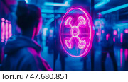 A futuristic emblem aglow in neon, viewed by hooded silhouette in an ultramodern setting, perfect for a tech startup banner. Стоковое AI-изображение, AI-художник Данила Большаков / Фотобанк Лори