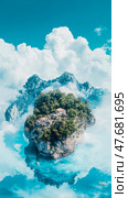 Seaside Haven: A Coastal Cliffside Village Embraced by Azure Waters and Ethereal Skies, a dreamlike escape. Стоковое AI-изображение, AI-художник Данила Большаков / Фотобанк Лори