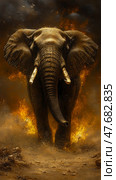 Majestic march: Powerful pachyderm confronts inferno with stoic strength, standing as nature's resilient guardian in golden hour. Стоковое AI-изображение, AI-художник Данила Большаков / Фотобанк Лори