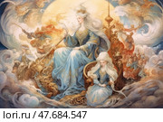 A fantastic watercolor illustration in the spirit of an oriental or Persian fairy tale, depicting a majestic queen on a throne surrounded by fairy-tale characters. Female figures in luxurious blue dresses with long blond hair look like goddesses or sorceresses. Their images are permeated with light, grace and nobility. The background is clouds, sunshine and heroic scenes - like scenes from an ancient epic or legend. Richly decorated details of the throne and clothing emphasize the atmosphere of mythology and grandeur. Стоковое AI-изображение, AI-художник Анна Кривицкая / Фотобанк Лори