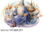 A fantasy watercolor illustration depicting a wise wizard in a blue robe and a tall hat, sitting on a throne among magical artifacts. In one hand he holds a cup, in the other - an open book, as if reading ancient spells. Around him are symbols of space, stars, spheres, a magic globe and bizarre animals. The overall atmosphere of the image conveys a sense of calm, strength and eternal knowledge. Ideal for book design, card games, posters and collectible art. Стоковое AI-изображение, AI-художник Анна Кривицкая / Фотобанк Лори