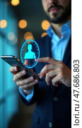 Online and modern technologies for simplifying the human resources system.Human resource manager checks the CV online to choose the perfect employee for his business. HR(human reso. Стоковое AI-изображение, AI-художник Sergey Grishin / Фотобанк Лори