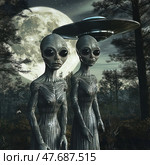 A fantastic scene with two grey aliens standing in a dark forest against the backdrop of a bright full moon and a UFO hovering in the air. The image is made in high quality, creating an atmosphere of mystery, science fiction and an encounter with extraterrestrial intelligence. Night trees, starlight and mysterious lighting emphasize the feeling of cosmic intrigue and the unknown. Стоковое AI-изображение, AI-художник Анна Кривицкая / Фотобанк Лори