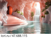 A fantastic interior in the form of a pink cave with flowing architectural forms and a rounded staircase leading to a warm illuminated passage. Water gently fills the space, reflecting the light and shades of the walls, creating an atmosphere of peace and privacy. In the depths, a view opens up of a waterfall flowing from stone ledges framed by living plants. The scene combines natural aesthetics with elements of futuristic design and is ideal for use in architectural visualizations, SPA advertising, interior design and fantasy plots. Стоковое AI-изображение, AI-художник Анна Кривицкая / Фотобанк Лори