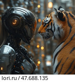 A fantastical sci-fi image: a high-tech android in streamlined armor locks eyes with a real tiger. The scene is filled with tension and symbolism - a meeting of nature and technology, instinct and intelligence, organic and mechanical. The background is slightly blurred, with soft glowing lights, creating the atmosphere of a futuristic world or laboratory. This visual clash of two worlds is perfect for themes related to AI, bioethics, sci-fi, cyberpunk and philosophical reflections on the future. Стоковое AI-изображение, AI-художник Анна Кривицкая / Фотобанк Лори