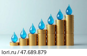 Stunning threedimensional gold coin bar chart with water drops. Стоковое AI-изображение, AI-художник Андрей Бакусов / Фотобанк Лори