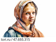 Watercolor portrait of a young girl in a traditional patterned headscarf. Her face is illuminated by soft light, her gaze is calm and open. The headscarf in subdued tones with a floral pattern emphasizes the village or folk image. The illustration is done in a realistic manner, with attention to detail and textures of fabric and leather. The image conveys warmth, modesty and purity, typical of images from folklore and ethnographic art. Стоковое AI-изображение, AI-художник Анна Кривицкая / Фотобанк Лори