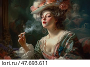 Retro portrait in the style of an 18th century painting, depicting an elegant woman in a luxurious Rococo dress. She sits with a proud expression on her face, gracefully holding a cigarette in a mouthpiece. Her lush hairdo is decorated with feathers and flowers, and massive earrings sparkle in her ears. The atmosphere of the frame is filled with drama, sophistication and light irony. Ideal for themes of art, retro glamour, fashion and vintage aesthetics. Стоковое AI-изображение, AI-художник Анна Кривицкая / Фотобанк Лори