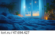 Cozy bedroom in soft blue tones with rumpled bedding, ambient lighting, and a view of the starry sky and sunset through a large window. The room is decorated with plants and warm string lights. The dreamy, peaceful atmosphere is perfect for themes of sleep, relaxation, interior design, and inspiration. Стоковое AI-изображение, AI-художник Анна Кривицкая / Фотобанк Лори