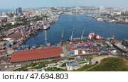Top view. Vladivostok Commercial Sea Port. Industrial port with containers in Vladivostok. Стоковое видео, видеограф Mikhail Davidovich / Фотобанк Лори