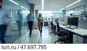 People walk past a glass wall in the office. Their movements appear ghosted and dynamic. Intentional motion blur. Стоковое AI-изображение, AI-художник Катерина Ковалева / Фотобанк Лори