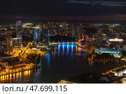 Evening panorama of the modern city of Yekaterinburg on the banks of the Iset river (2024 год). Стоковое фото, фотограф Евгений Ткачёв / Фотобанк Лори