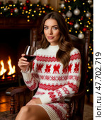 Beautiful girl with a glass of wine relaxing in a chair. Стоковое AI-изображение, AI-художник Сергей Елизарьев / Фотобанк Лори