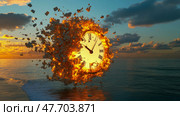 Exploding Clock at Sunset Over Ocean: A Surreal Timepiece Disintegrates in Fiery Destruction Above a Tranquil Sea. Стоковое AI-изображение, AI-художник Данила Большаков / Фотобанк Лори