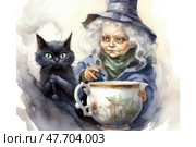 An elderly witch with a wise expression and long gray hair, dressed in a blue cloak and a pointed hat. She holds a large bowl with a mysterious pattern, and next to her sits her faithful companion - a black cat with bright green eyes. The illustration is filled with an atmosphere of magic, mystery and light irony. Perfect for themes: fairy tales, magic, Halloween, fantasy, witches, illustrations for children's books and folklore. Стоковое AI-изображение, AI-художник Анна Кривицкая / Фотобанк Лори