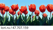 Crimson Tulips Under a Summer Sky: An Impressionistic Floral Artwork. Стоковое AI-изображение, AI-художник Данила Большаков / Фотобанк Лори