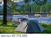 Туристический лагерь на берегу реки Башкаус на Алтае. Tourist camp on the bank of Altai river Bashkaus. On background old wooden damaged bridge over river.. Стоковое фото, фотограф Сергей Пристяжнюк (Serg Zastavkin) / Фотобанк Лори