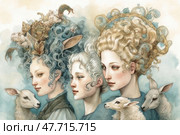Watercolor fantasy illustration of three women with exquisite hairstyles decorated with elements of nature and fantastic creatures. Their hair is transformed into intricate patterns with branches, leaves, animals and decorative shapes. Each girl has a soft and thoughtful expression, and sheep are nearby, giving the scene a pastoral and symbolic atmosphere. The illustration combines elements of myth, nature and graceful aesthetics, ideal for themes of fantasy, goddesses, nature and the female figure in art. Стоковое AI-изображение, AI-художник Анна Кривицкая / Фотобанк Лори