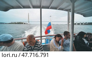 Vladivostok, Russia - August 9, 2021: Tourists ride the ferry on the bay. Редакционное видео, видеограф Mikhail Davidovich / Фотобанк Лори