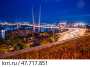 Illuminated golden bridge spanning zolotoy rog bay, creating light trails against twilight skyline in vladivostok, russia. Стоковое фото, фотограф Mikhail Davidovich / Фотобанк Лори