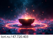 Мистическая поющая чаша с светящимся ореолом, тема медитации, духовная практика, расслабление. Стоковое AI-изображение, AI-художник Елена Болотина / Фотобанк Лори