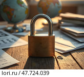 Замок, документы и глобус. Стоковое AI-изображение, AI-художник Boostport / Фотобанк Лори