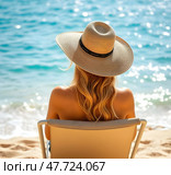 Женщина в шляпе отдыхает на море. Стоковое AI-изображение, AI-художник Boostport / Фотобанк Лори