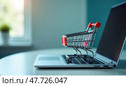 Продуктовая тележка на клавиатуре ноутбука. Концепция он-лайн торговли. Стоковое AI-изображение, AI-художник Илья Старков / Фотобанк Лори