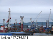 Вечерняя разгрузка судов. Владивостокский морской торговый порт (2022 год). Редакционное фото, фотограф Free Wind / Фотобанк Лори