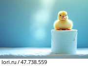 Cute duckling perched on a roll of toilet paper in bright, soft lighting. Симпатичный утенок, сидящий на рулоне туалетной бумаги, при ярком и мягком освещении. Стоковое AI-изображение, AI-художник Katsiaryna Repich / Фотобанк Лори