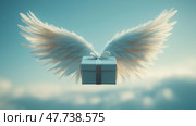 Minimalist gift box with delicate white wings floating in a serene sky. Минималистичная подарочная коробка с нежными белыми крыльями, парит в безмятежном небе. Стоковое AI-изображение, AI-художник Katsiaryna Repich / Фотобанк Лори