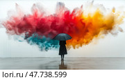 Colorful smoke art envelops a figure under an umbrella in an urban setting. Красочный дым окутывает фигуру под зонтиком. Стоковое AI-изображение, AI-художник Katsiaryna Repich / Фотобанк Лори