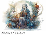A watercolor fantasy illustration of a wise old woman in a robe, surrounded by magical creatures, birds and alchemical vessels. The woman sits in a meditative pose, as if weaving a spell or conducting a ritual. Around her are glass flasks, mysterious plants, glowing elements and fairy birds. The illustration is done in a soft color palette with a predominance of blue and copper-red shades. Suitable for themes of magic, alchemy, mythology and fairy tales. Стоковое AI-изображение, AI-художник Анна Кривицкая / Фотобанк Лори