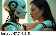 Intimate connection humanoid robot and woman in futuristic embrace. Стоковое AI-изображение, AI-художник Андрей Бакусов / Фотобанк Лори