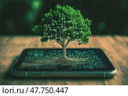 Digital tree with circuit branches emerging from a flat surface in nature. Цифровое дерево с ветвями, выходящими из плоской поверхности на природе. Стоковое AI-изображение, AI-художник Katsiaryna Repich / Фотобанк Лори