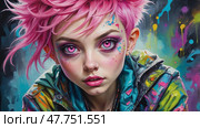 Whimsical pixie with electric pink hair. Стоковое AI-изображение, AI-художник Андрей Бакусов / Фотобанк Лори