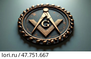 Ornate bronze masonic emblem with square and compasses. Стоковое AI-изображение, AI-художник Андрей Бакусов / Фотобанк Лори
