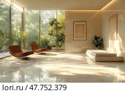 Modern interior with panoramic windows that let in soft daylight, creating an atmosphere of calm and comfort. The spacious room is decorated in a minimalist style with elements of nature: beige marble walls and floor, stylish armchairs and green plants. The view of the green garden outside the window enhances the feeling of connection with nature. The space is ideal for a spa, a relaxation area or a modern hotel. Стоковое AI-изображение, AI-художник Анна Кривицкая / Фотобанк Лори
