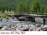 Old wooden damaged bridge over Altai river Bashkaus. On the river banks there is siberian larch taiga forest. Стоковое фото, фотограф Сергей Пристяжнюк (Serg Zastavkin) / Фотобанк Лори