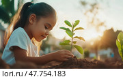 Concept: Environmental Stewardship. Planting for the Future: A young girl lovingly plants a seedling at sunset. Стоковое AI-изображение, AI-художник Данила Большаков / Фотобанк Лори