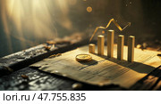 Growth charts and financial coins on an old ledger in a warm, dimly lit setting highlighting economic success. Стоковое AI-изображение, AI-художник Сергей Толмачёв / Фотобанк Лори