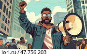 An activist passionately addresses a crowd, raising a fist in solidarity while using a megaphone in a busy city setting. Стоковое AI-изображение, AI-художник Данила Большаков / Фотобанк Лори