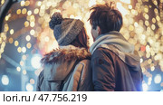 Two people huddle together, enjoying the warm glow of colorful lights in the winter evening atmosphere. Стоковое AI-изображение, AI-художник Данила Большаков / Фотобанк Лори