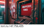 ATM displays insufficient funds message in an urban setting with graffiti art at night. Стоковое AI-изображение, AI-художник Сергей Толмачёв / Фотобанк Лори