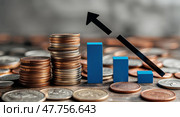 Financial growth reflected through rising chart and currency stacks during economic analysis session. Стоковое AI-изображение, AI-художник Сергей Толмачёв / Фотобанк Лори