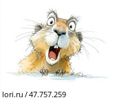 Watercolor cartoon illustration of a surprised marmot face with funny expression on white background. Стоковое AI-изображение, AI-художник Гайфуллина Дина / Фотобанк Лори