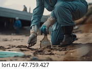 Close-up view of enthusiastic volunteer conscientiously cleans up muddy beach, embodying the spirit of Earth Day and environmental stewardship. Стоковое AI-изображение, AI-художник Данила Большаков / Фотобанк Лори