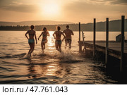In enchanting glow of setting sun, group of friends eagerly dives off jetty into refreshing water, savoring liberating feeling of pure bliss. Стоковое AI-изображение, AI-художник Данила Большаков / Фотобанк Лори