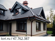 House roof surface covered with gray metal tile sheets, plastic soffit, attic window and roof gutters created with Generative AI. Стоковое AI-изображение, AI-художник Данила Большаков / Фотобанк Лори